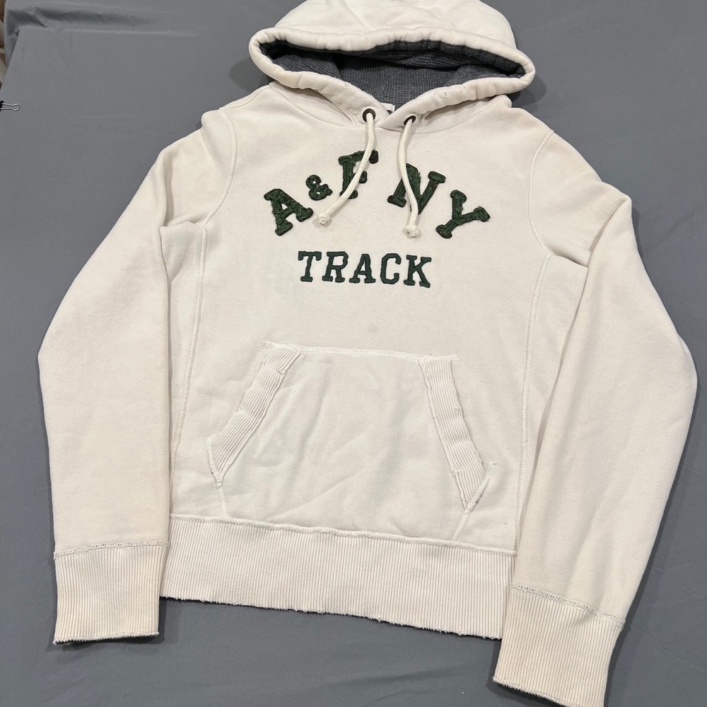 Abercrombie & Fitch NY Track Hoodie Cream Vintage Y2K Chenille Patch Medium